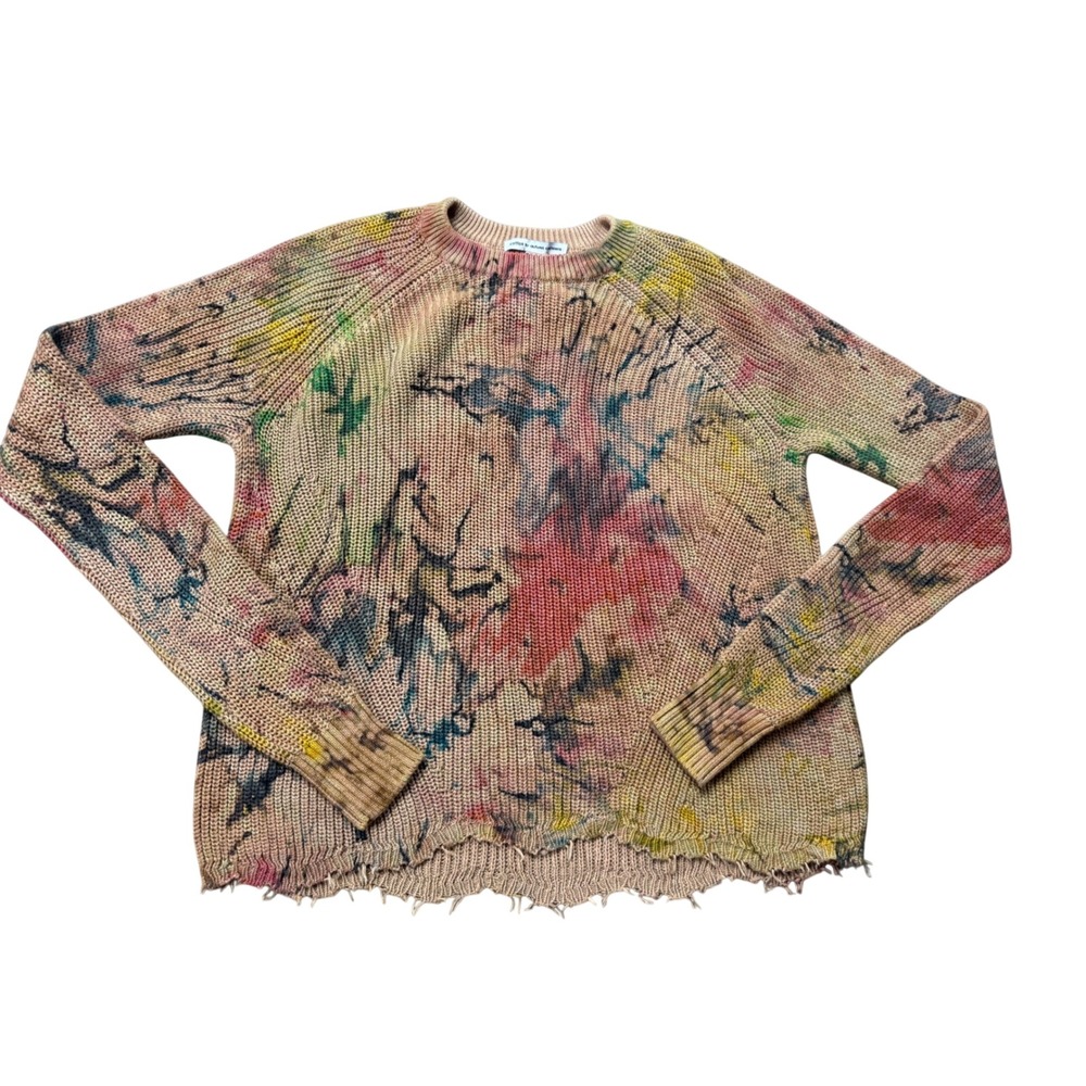Autumn Cashmere Cotton Sweater Womens L Tan Multi Excellent Distressed Tie Dye